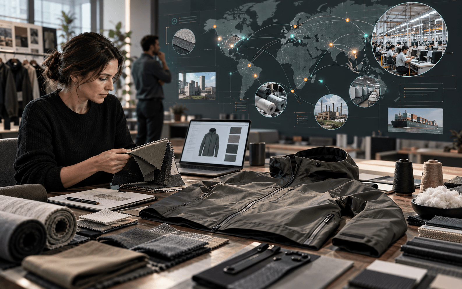 Sourcing team evaluating fabric beside a connected global supplier network map with factory and shipping evidence