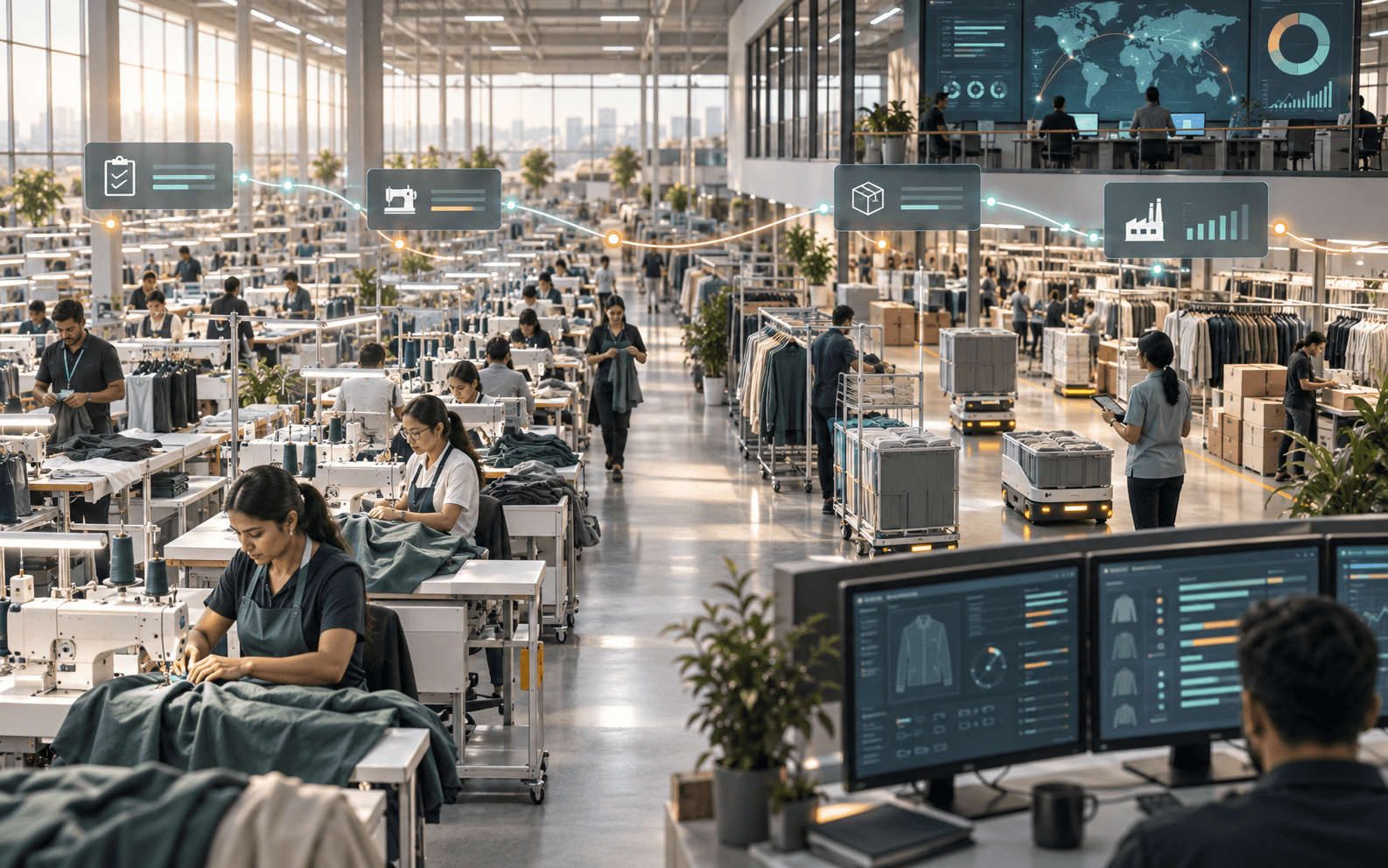Connected garment factory floor with live production, order and logistics dashboards