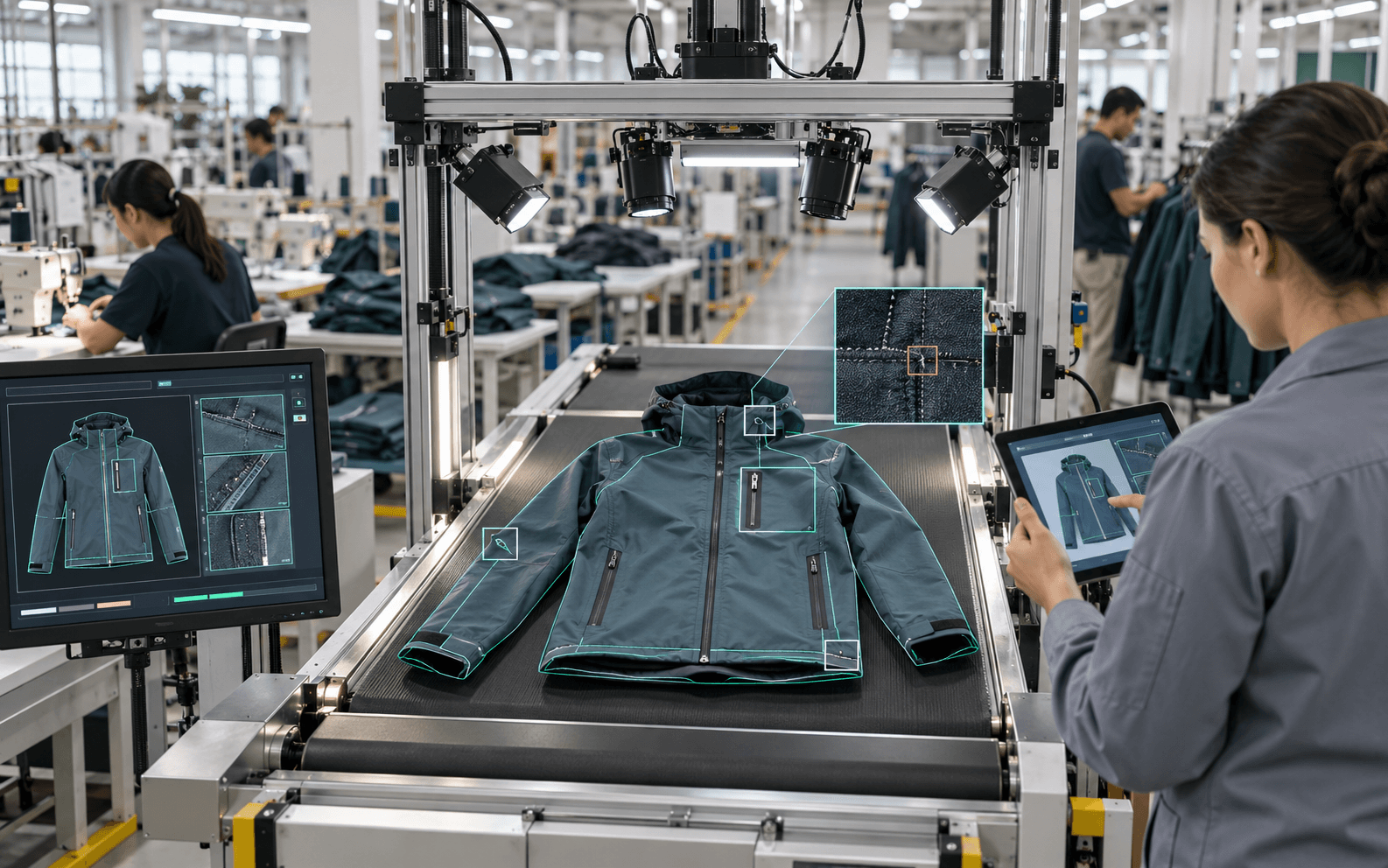Camera-vision inspection rig scanning a finished jacket on the production line with defect detection overlays