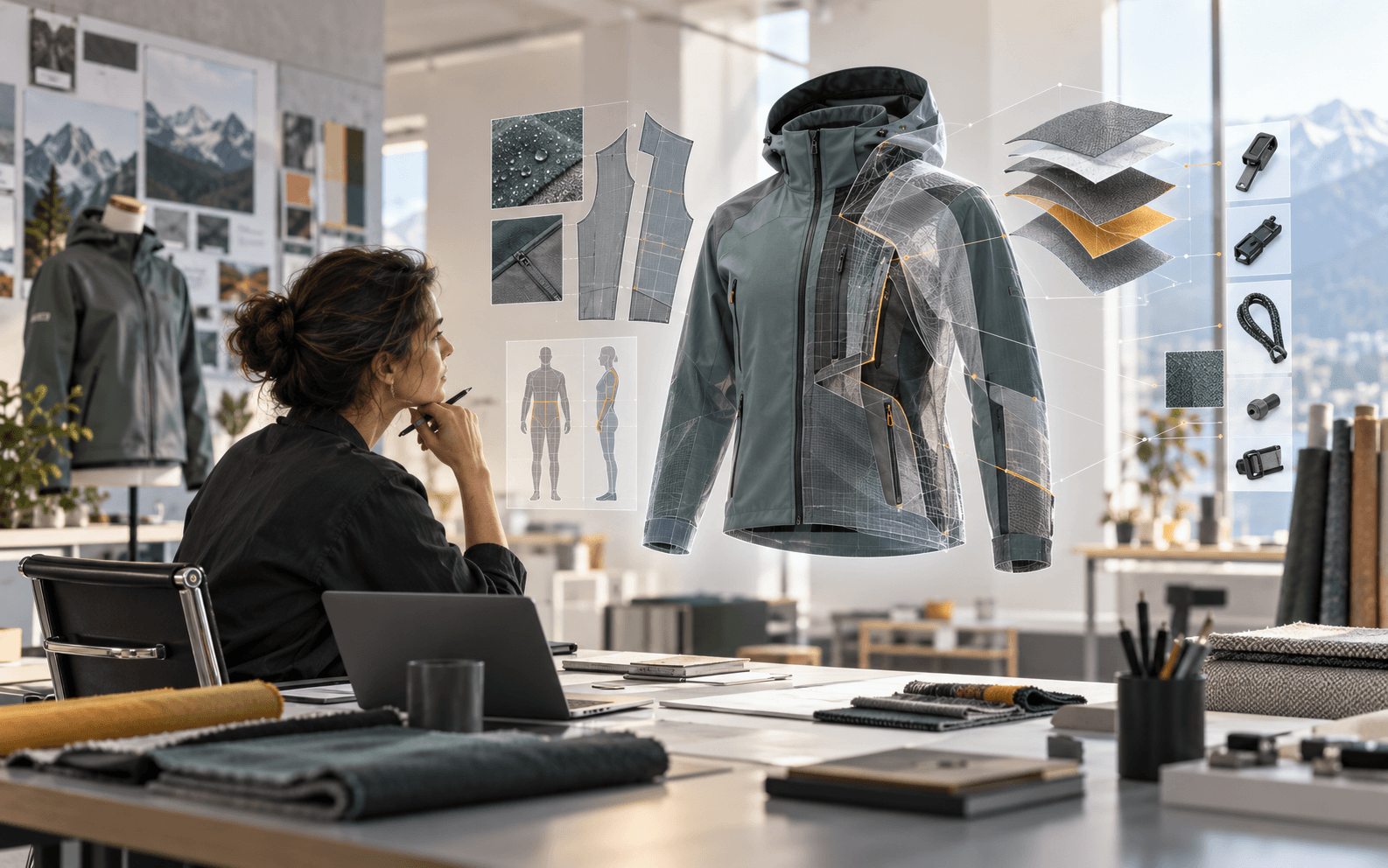 Product developer reviewing a 3D jacket concept with pattern pieces, material layers, trims and body measurements